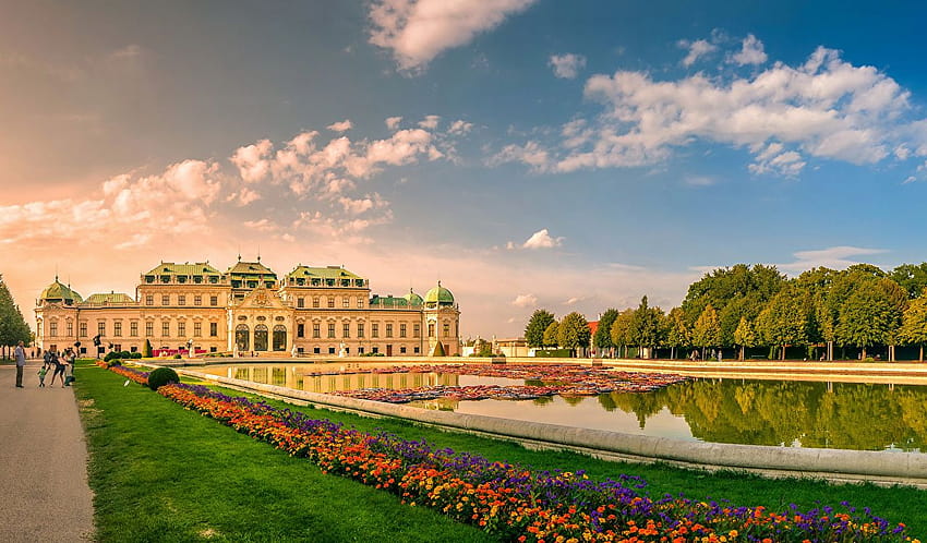 ウィーン 宮殿 オーストリア シュロス ベルヴェデーレ池 芝生 高画質の壁紙