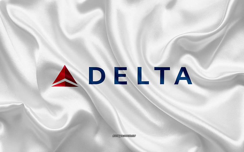Logo Delta Air Lines, linia lotnicza, biała tekstura jedwabiu, logo linii lotniczych, emblemat Delta Air Lines, jedwabne tło, jedwabna flaga, Delta Air Lines o rozdzielczości 3840x2400. Wysoka jakość Tapeta HD