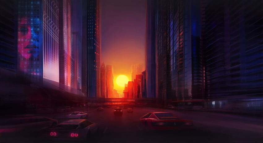 Vista nocturna de la puesta de sol de la ciudad, artista, s y puesta de sol de la ciudad ultra fondo de pantalla