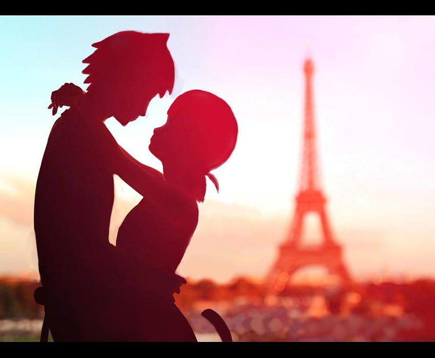 Ladybug and Cat Noir's romantic silhouette shadows in Paris France, ladybug kissing cat noir HD wallpaper