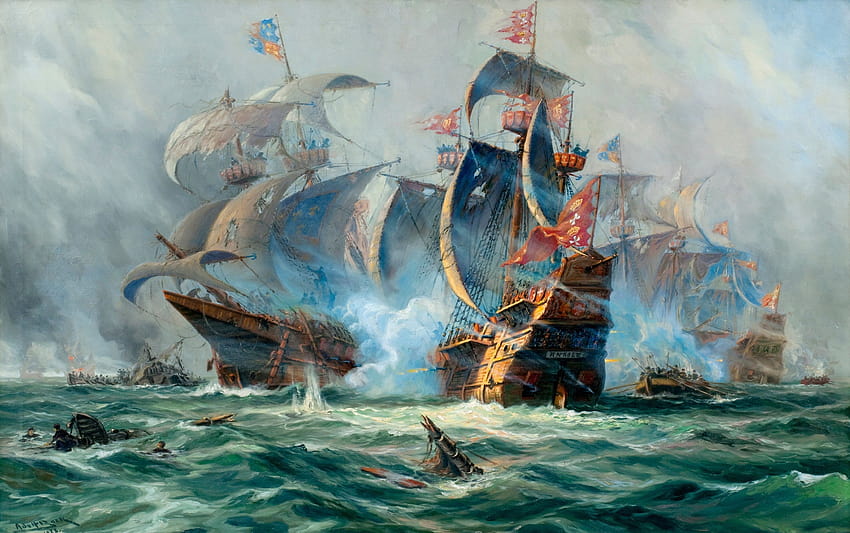 Art Ships Sailing battle ocean painting ship HD wallpaper