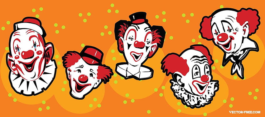 bannière de vecteur avec 5 dessins animés drôles de clown sur fond pointillé clowns [1500x667] pour votre, mobile et tablette, clown mignon Fond d'écran HD