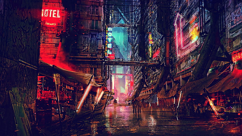 illustration de bâtiments, bâtiments en béton rouge et noir ville futuriste, cyber sombre Fond d'écran HD
