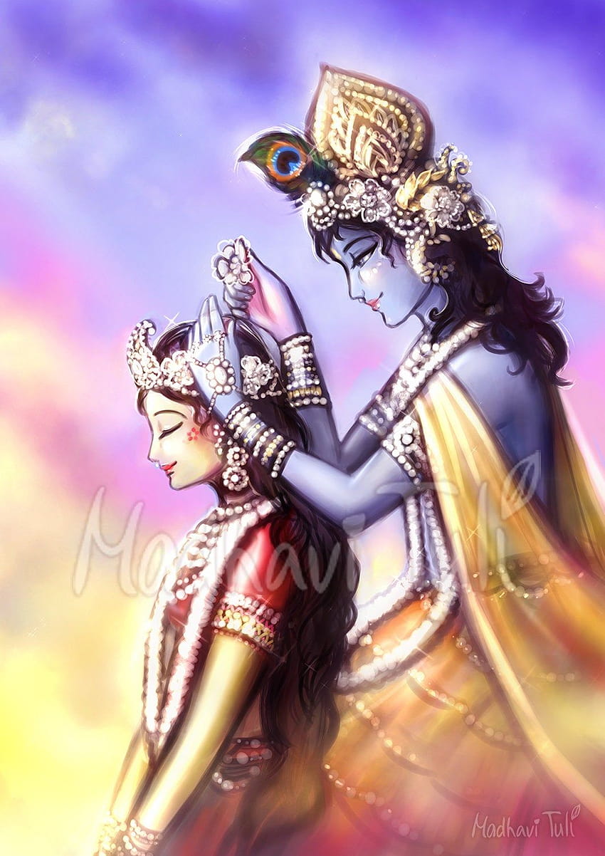 Shri Krishna décorant les beaux cheveux de Shri Radha Fond d'écran de téléphone HD