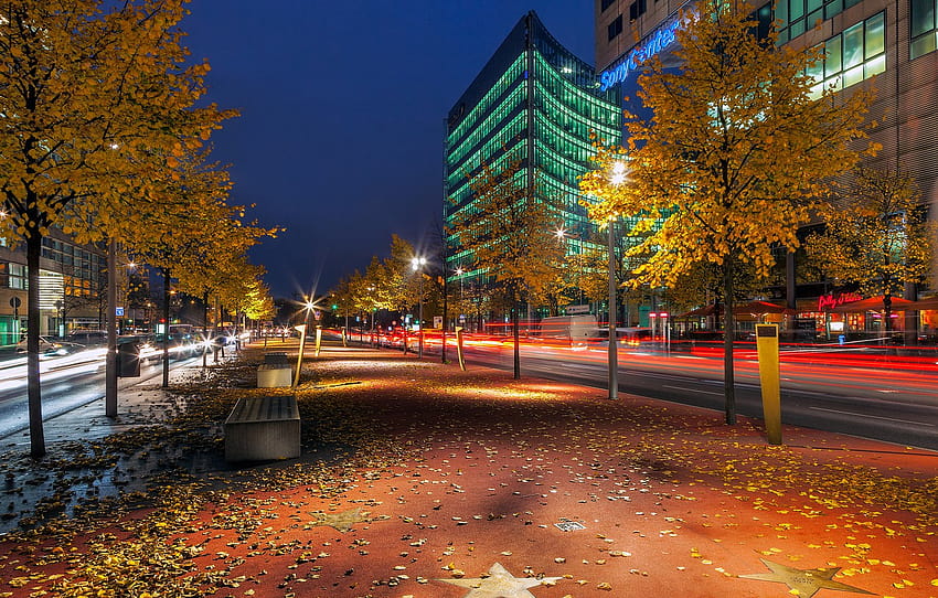 road, autumn, leaves, trees, night, the city, building, excerpt, Germany, benches, Germany, Berlin, Berlin, Boulevard der Stars, The Boulevard of the stars, Potsdamer Platz , section город, autumn berlin HD wallpaper