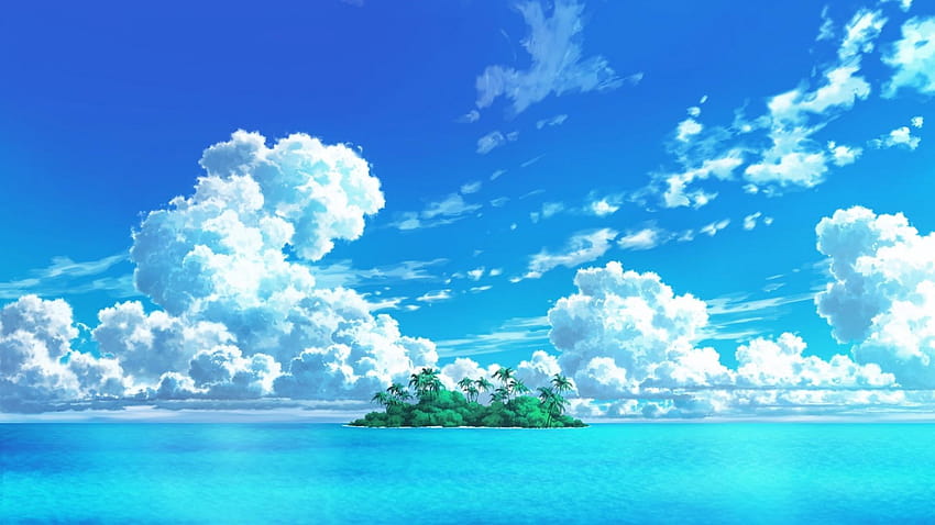 1920x1080 Аниме Остров, Океан, Облаци, Небе, небесно аниме HD тапет