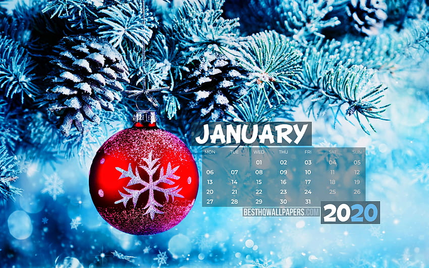 Kalender Januari 2020, bola xmas merah, kalender 2020, pohon xmas, Januari 2020, kreatif, pohon natal, kalender Januari 2020 dengan bola xmas, Kalender Januari 2020, latar belakang biru, kalender 2020 untuk Wallpaper HD