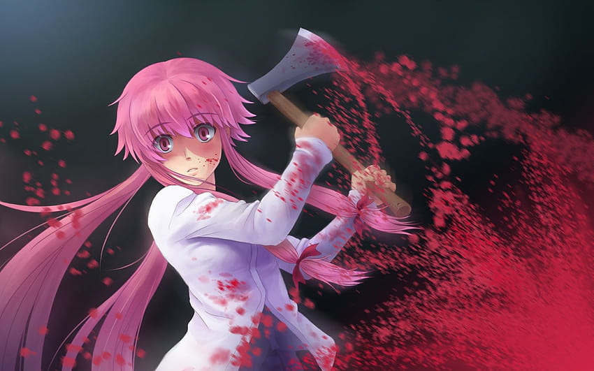 19 Anime-Mädchen, das Blutfleck-Axt tötet, rosa Haare, rote Augen, blutige Anime-Mädchen HD-Hintergrundbild