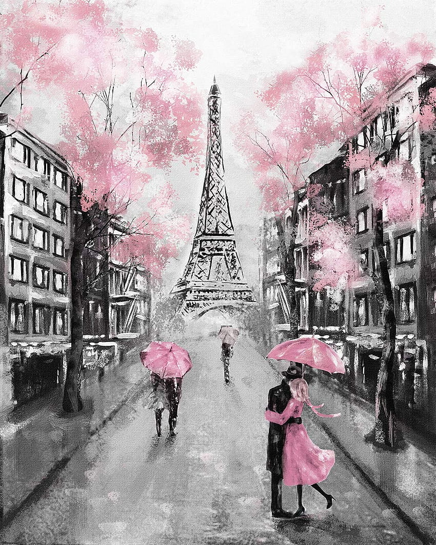 Faicai Art สีดำและสีขาวพิมพ์พิมพ์ภูมิทัศน์ผ้าใบวาด Paris Street งานศิลปะเมืองยุโรปหอไอเฟลต้นไม้สีชมพูคู่อุปกรณ์ตกแต่งผนังสมัยใหม่กรอบไม้ 16x24 นิ้ว: โปสเตอร์ วอลล์เปเปอร์โทรศัพท์ HD