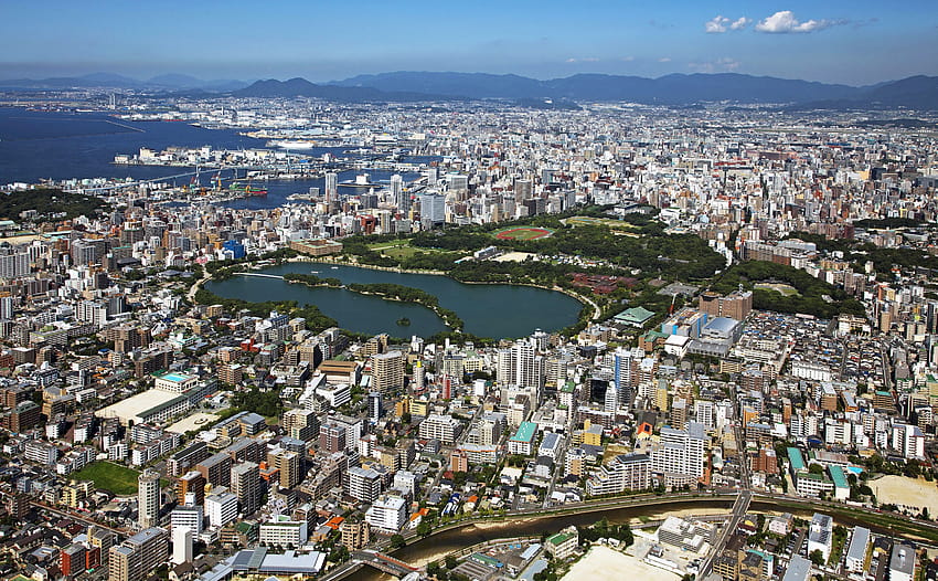 763901 , Fukuoka, Japon, Maisons, Lac, Par le haut, Megapolis Fond d'écran HD