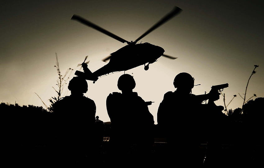 helicóptero, soldados, silhuetas, forças especiais, desembarque, falcão negro, O MH, helicópteros das forças especiais papel de parede HD