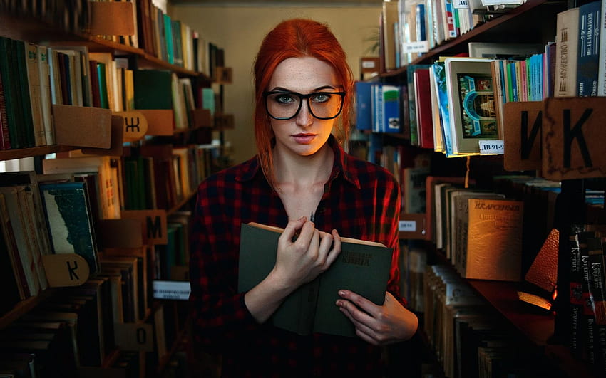 Red hair girl, freckles, glasses, library, reading, freckle education HD wallpaper