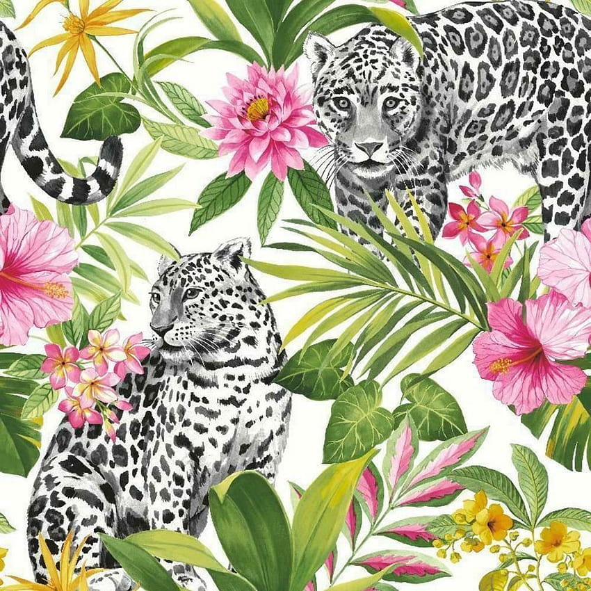 Tropical Jungle Leopard Black White Pink Green Palm, leopard jungle HD phone wallpaper