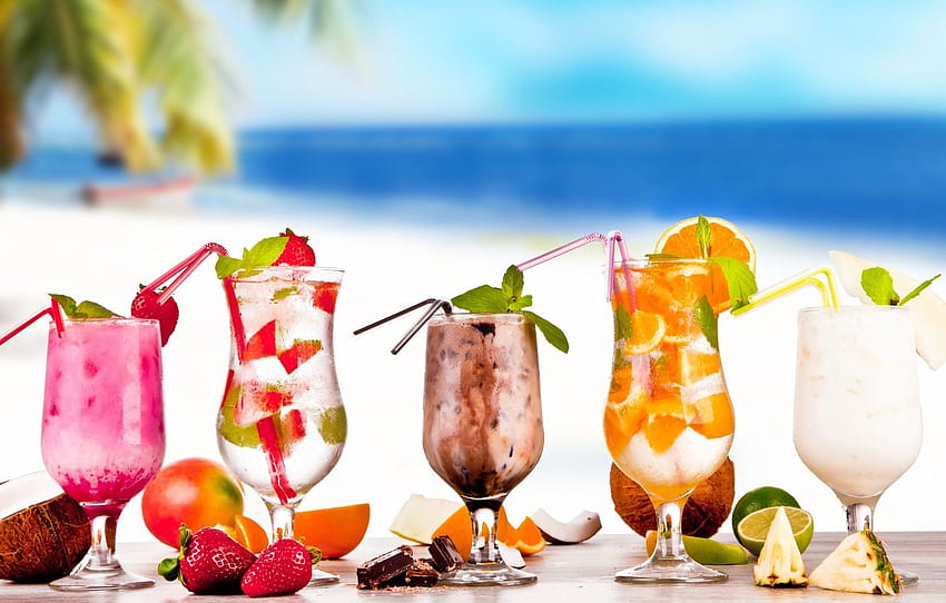 musim panas, minuman, pantai, segar, koktail, buah, minuman, koktail musim panas Wallpaper HD