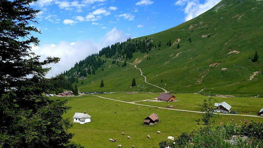 Ферми: Фантастична селска сцена Швейцария Zakseln Пасища Трева HD тапет