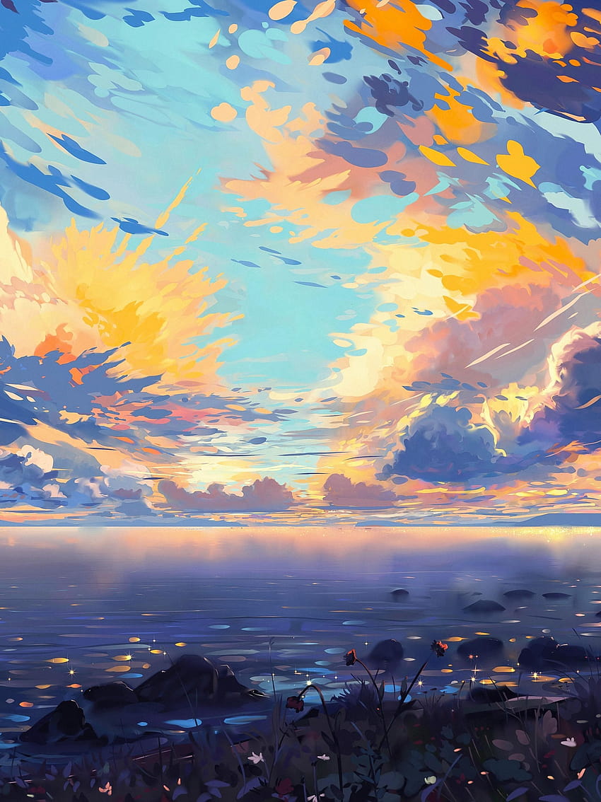 アニメの風景, 海, 船, カラフル, 雲 HD電話の壁紙