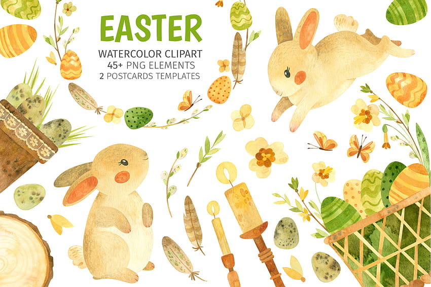 Watercolor Easter clipart bunny ears paws Easter eggs flowers PNG By  VilenaArt