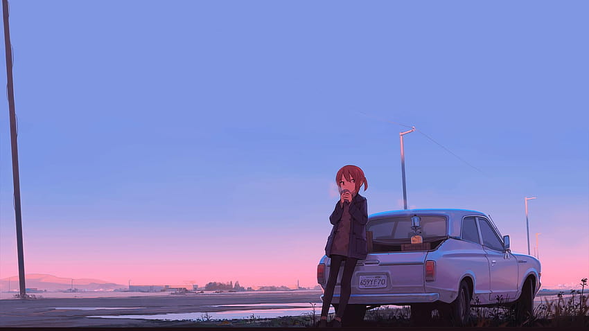 anime sunset and car, car ride anime HD wallpaper