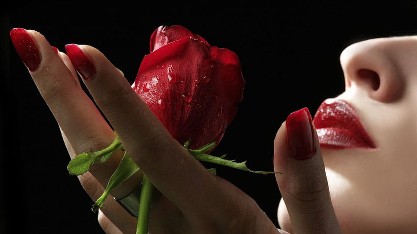 Fiore Rosa ragazza sfondi neri rossetto rosso, labbra rosse nere donne Sfondo HD