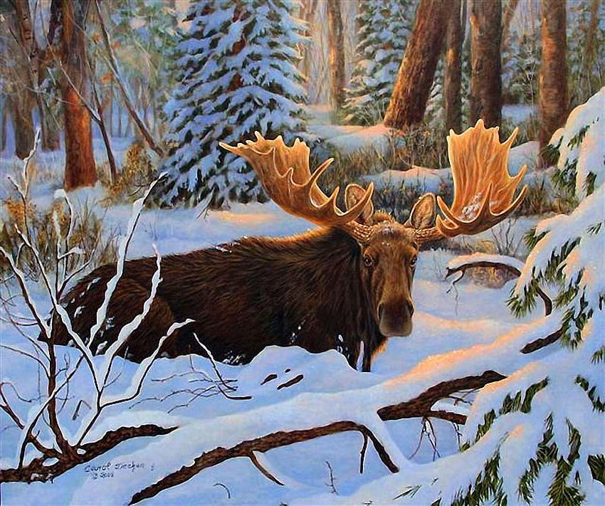 Snow Forest Winter Painting Artwork Trees Moose Deer Grass, of moose deer HD wallpaper