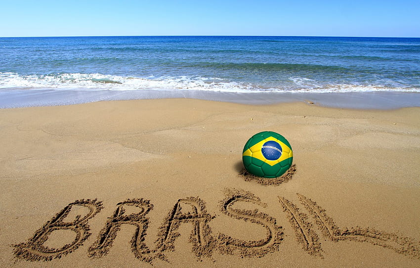 пясък, море, плаж, футбол, топката, плаж, Бразилия, пясък, футбол, флаг, Световна купа, Световна купа, Бразилия, ФИФА, 2014 , раздел природа, бразилски плаж HD тапет