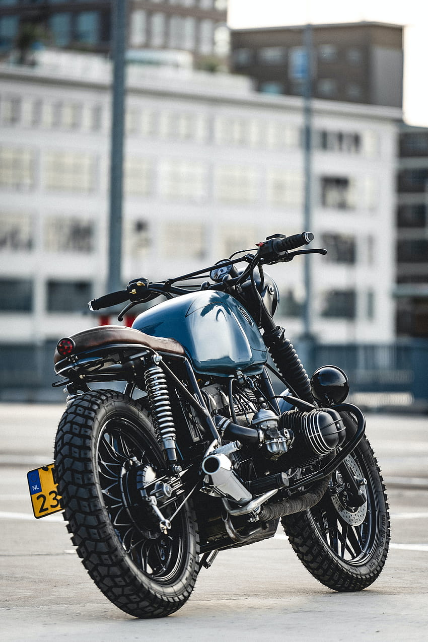 Selective Focus of Parked Blue and Black Cafe Racer Motorcycle · Stock, motorcycle mobile HD phone wallpaper
