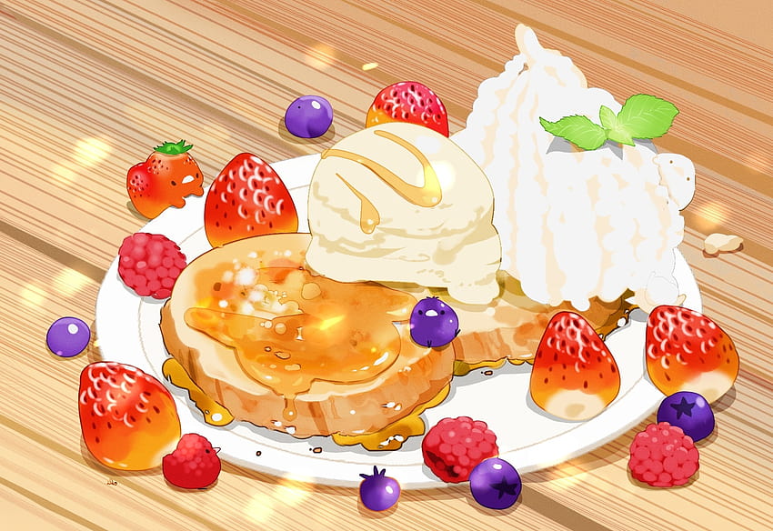 Торта, сладолед, ягода, аниме храна, десерт, ягодови десерти HD тапет