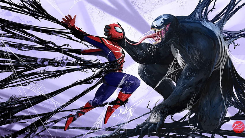 spiderman vs venom, artwork, marvel, , background, 05ccba, venom x spider man HD wallpaper