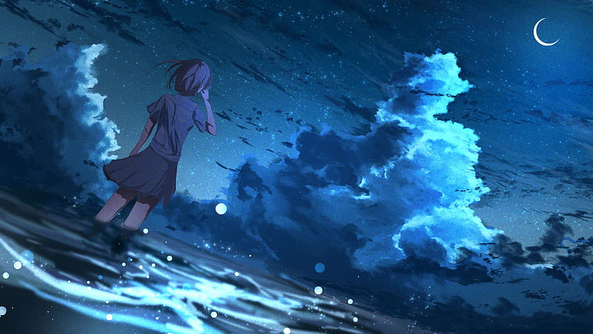 2048x1152 girl, anime, wind, night, stars, art ultrawide monitor backgrounds, ultrawide anime night HD wallpaper