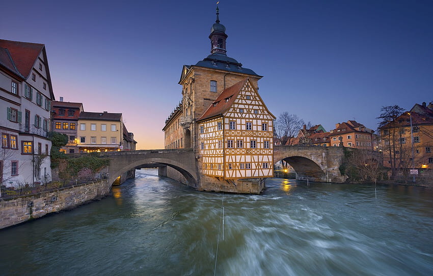 ponte, rio, casa, Alemanha, prefeitura, Bamberg , seção город papel de parede HD