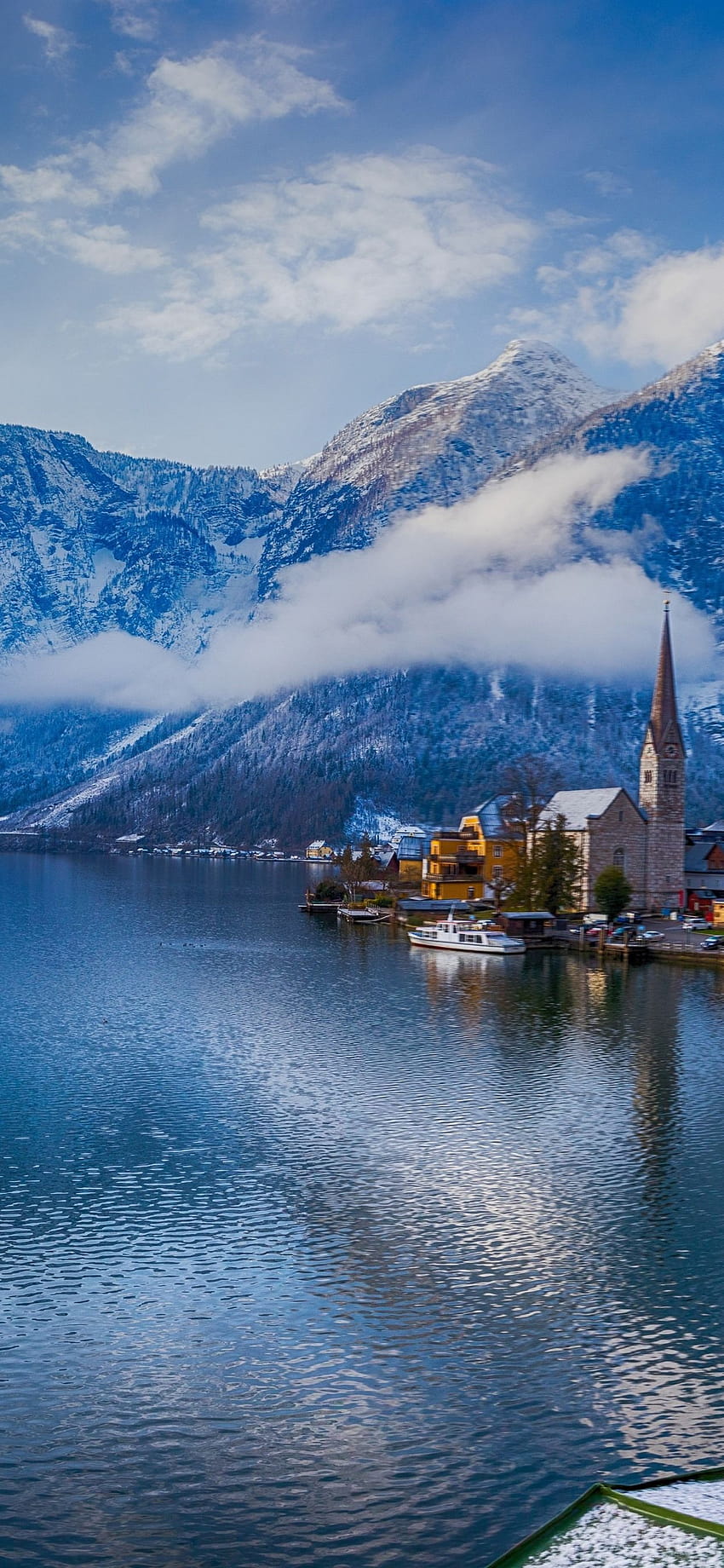 Австрия, Халщат, Алпи, езеро, алея, панорама 1242x2688, пролет в Алпите HD тапет за телефон