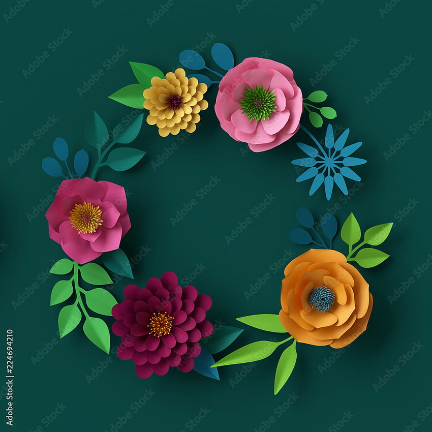 3d renderowanie, cyfrowa ilustracja, kolorowe papierowe kwiaty, letnie tło, okrągły wieniec, wiosenna rama świąteczna Ilustracja, letnie kwiaty cyfrowe Tapeta na telefon HD