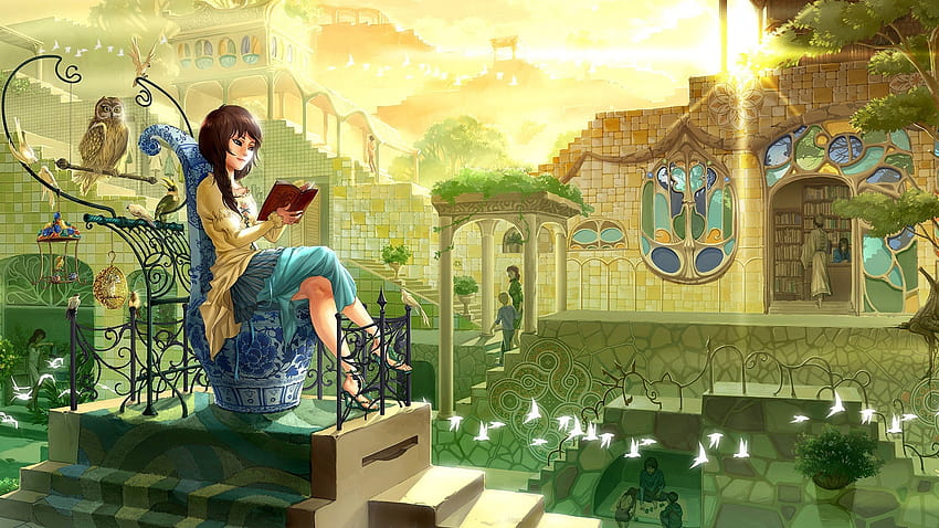 Fairytale Town, Girl, Owl, Warm Sunshine, anime girl reading book HD wallpaper
