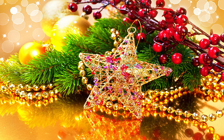Estrella dorada, decoración navideña, año nuevo, adornos dorados, Navidad, árbol con resolución 2880x1800. Alta calidad, estrella dorada fondo de pantalla