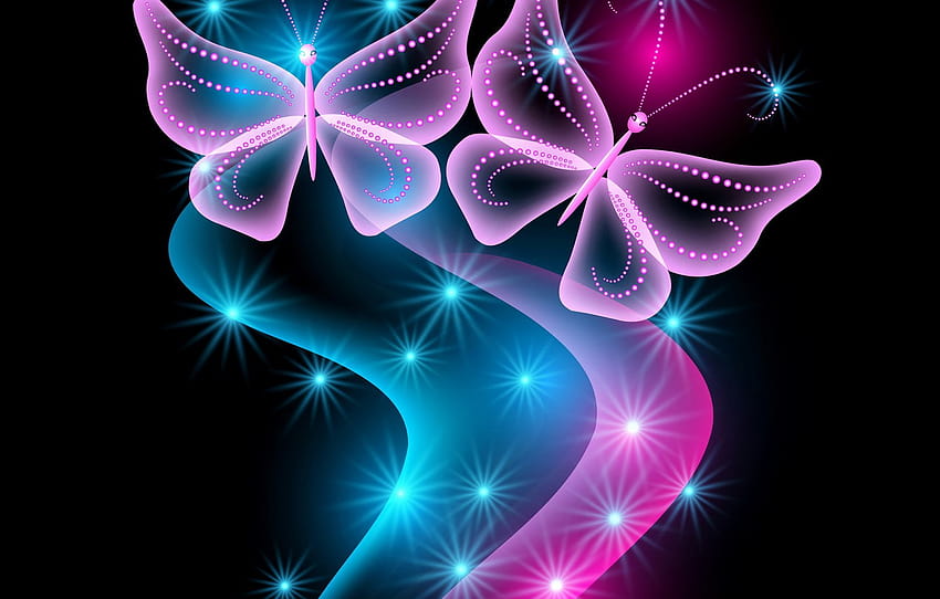 butterfly, abstract, blue, pink, glow, neon, sparkle, butterflies, neon , section абстракции, glitter butterflies HD wallpaper