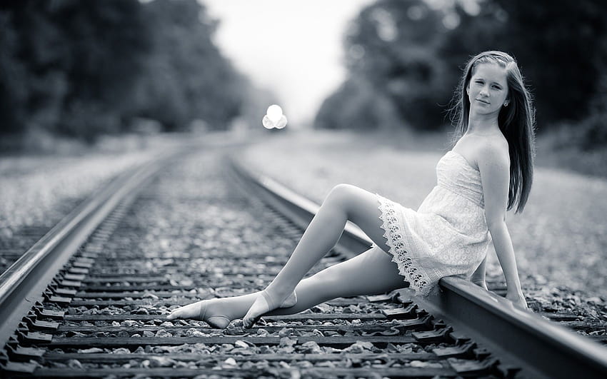 Brunette girls females women woman railway railroad tracks train mood black white, train women HD wallpaper