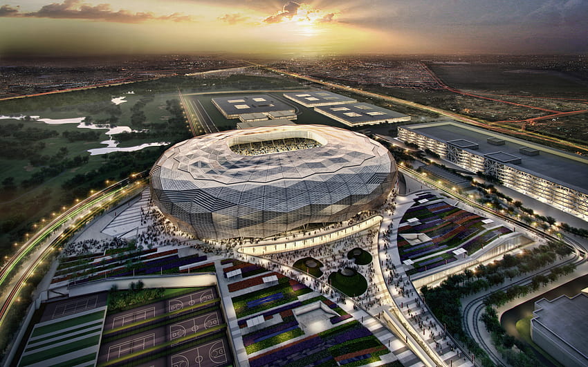 Qatar Foundation Stadium, zachód słońca, Qatar Stars League, widok z lotu ptaka, Doha, stadion piłkarski, Education City Stadium, piłka nożna, Mistrzostwa Świata FIFA 2022, stadiony Kataru, Katar z rozdzielczością 2560x1600. Wysoka jakość, katar stadion 2022 Tapeta HD
