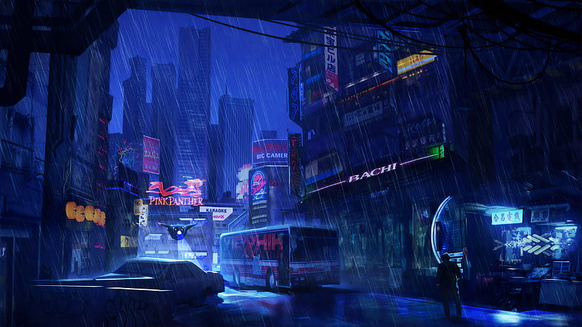 Rainy City Anime, anime night city rain HD wallpaper