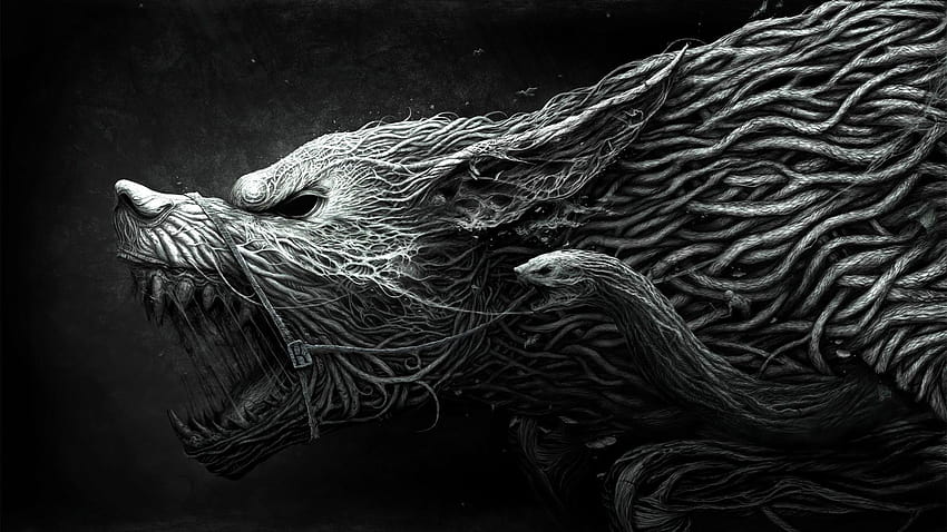 Сив вълк и змия, фантастично изкуство, произведения на изкуството, обитаван от духове вълк HD тапет