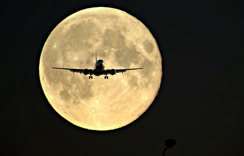 noc księżyc sylwetka samolot авиация sekcja nocny lot Tapeta HD