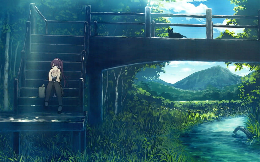 anime, River, Bridge, Cat, Senjougahara Hitagi, Monogatari Series, Anime Girls / and Mobile Backgrounds, anime river HD wallpaper
