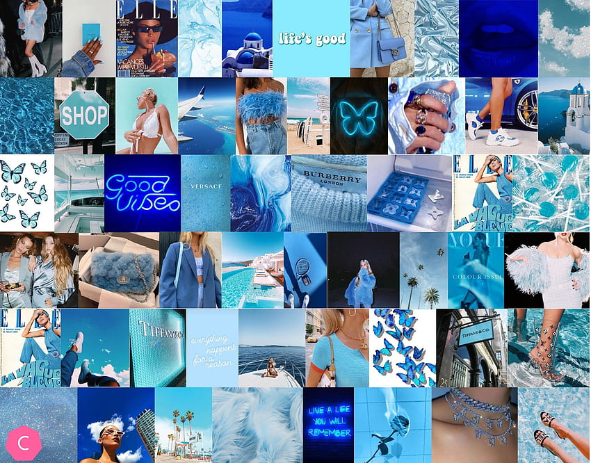 Boujee Blue Aesthetic Wall Collage Kit cyfrowy, estetyczny niebieski kolaż Tapeta HD
