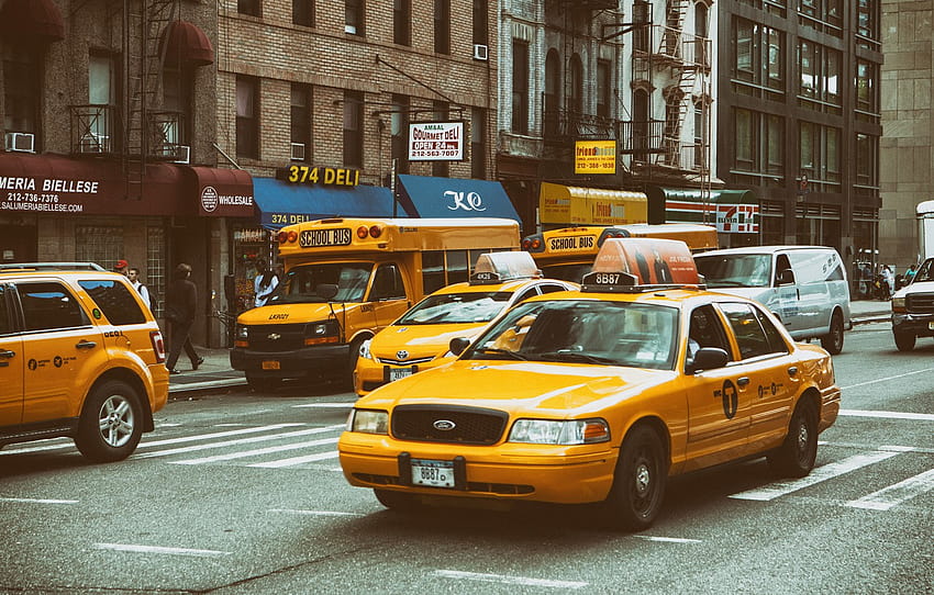 Манхатън, Ню Йорк, Ню Йорк, улица, такси, училищен автобус, жълт трафик, раздел град, такси в Ню Йорк HD тапет