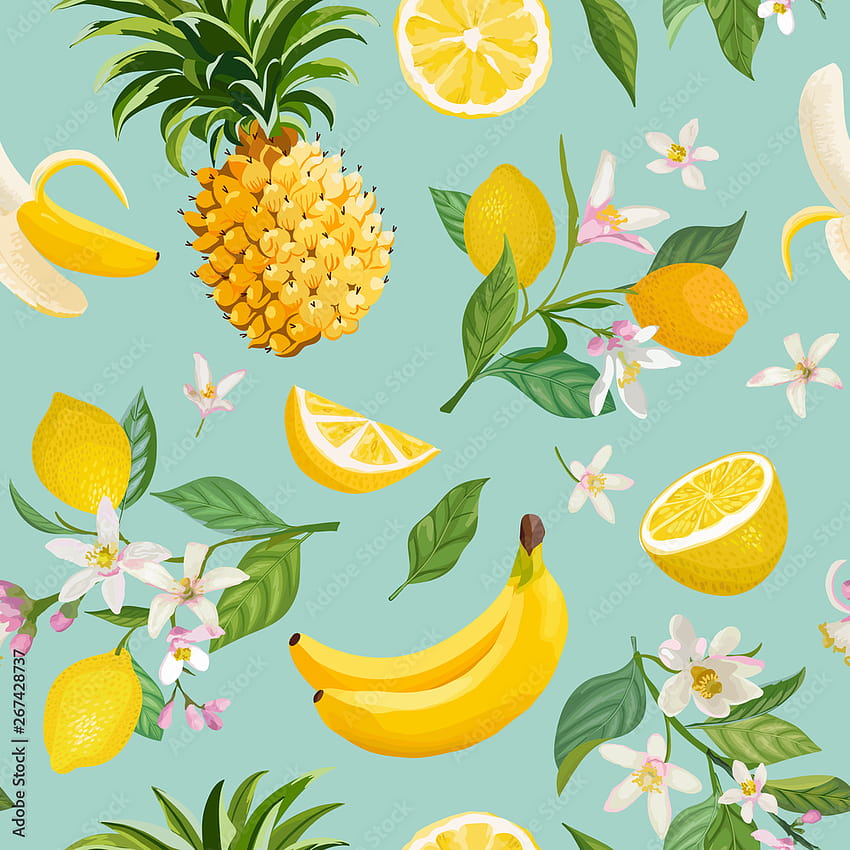 壁の壁画レモン、バナナ、パイナップル、果物、葉、花の背景を持つシームレスなトロピカル フルーツ パターン。 夏のロマンチックなカバー、熱帯 Nr.267428737、デジタル印刷、パイナップル フルーツの水彩風の手描きベクトル イラスト HD電話の壁紙