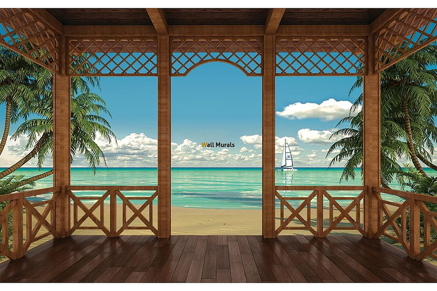 mural 3D veranda sea view with palm trees and boat HD wallpaper