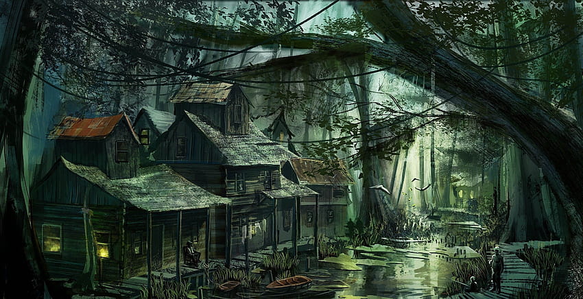 : forest, fantasy art, jungle, swamp, rainforest, wetland, darkness, screenshot, bayou, woodland, habitat, natural environment, computer , ecosystem, 3172x1628 px 3172x1628 HD wallpaper