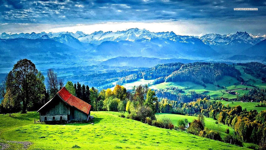 Houses: Small House Mountain Green Hill Houses Mountains Valleys HD wallpaper