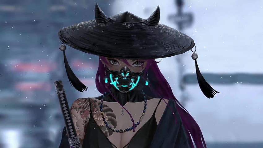 Oni Samurai Chica Máscara Cuernos Nieve Fantasía, samurai oni fondo de pantalla