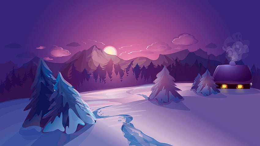 ธรรมชาติ ภูมิทัศน์ ศิลปะดิจิตอล ภูเขา เมฆ ฤดูหนาว บ้าน หิมะ พระอาทิตย์ตก ป่า พื้นหลังสงบ / และมือถือ mario bros ฤดูหนาว วอลล์เปเปอร์ HD