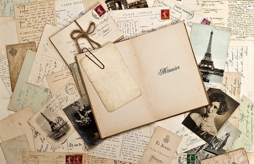 Vecchie lettere, cartoline d'epoca, album di ritagli di viaggio, libro d'epoca Sfondo HD